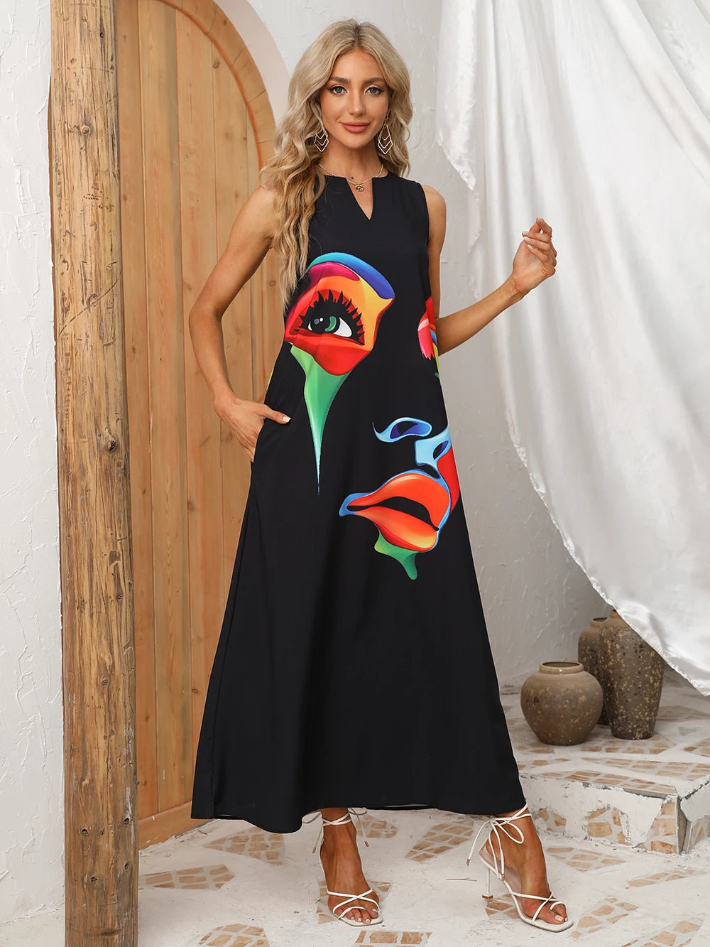 Formal attire Dresses: Women's Dress Black Sleeveless Loose Face Print Elegant