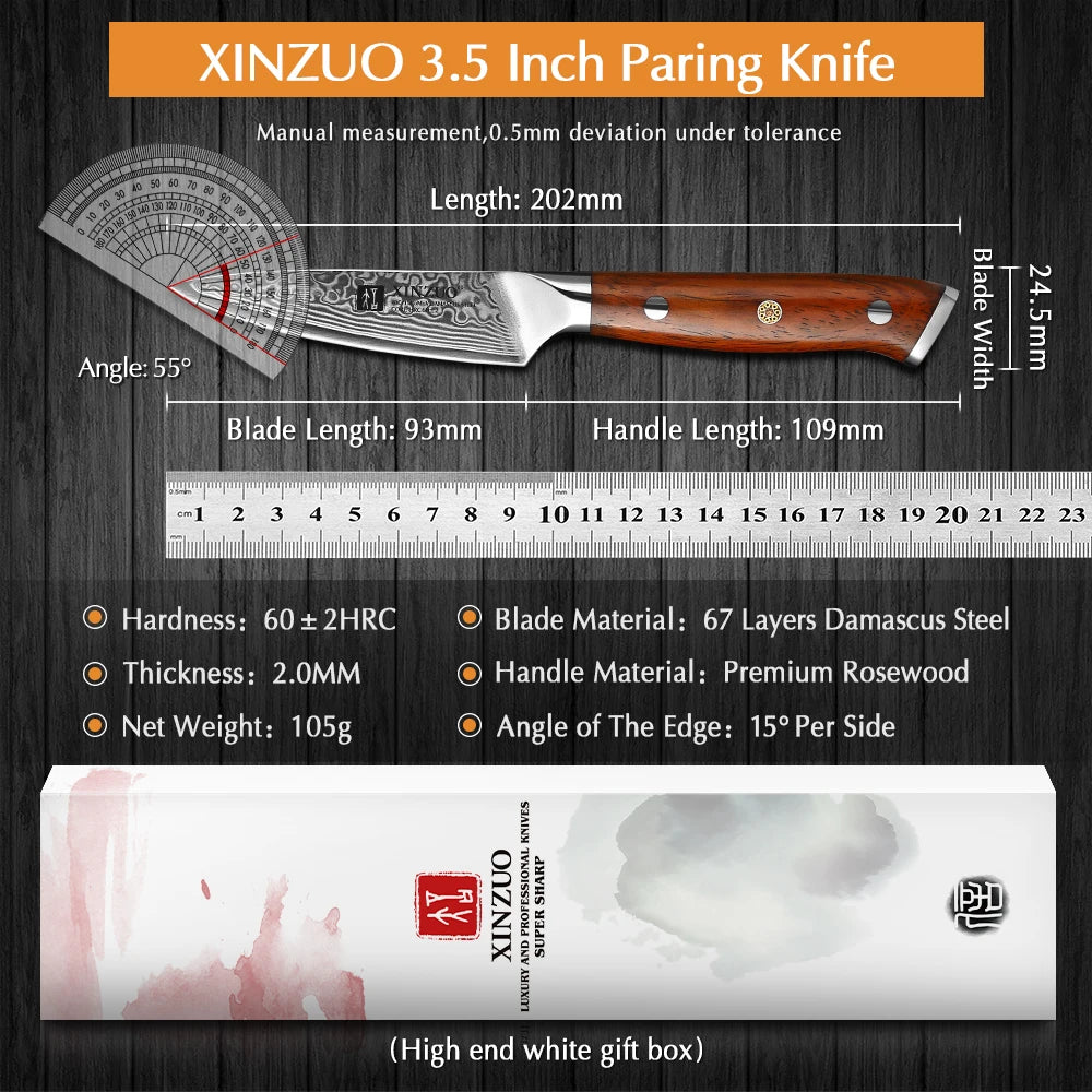 3.5'' Inch Paring Kitchen Knife Handmade Damascus Steel Rosewood Handle