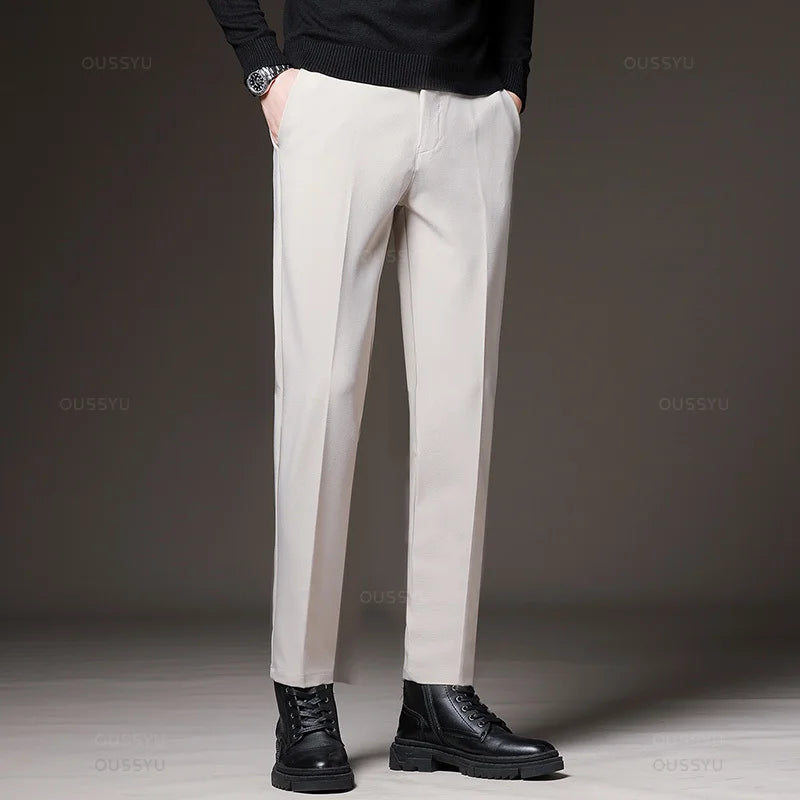 Men‘s Suit Pants Slim Business Office Elastic Waist Thin Black Grey Classic Pant