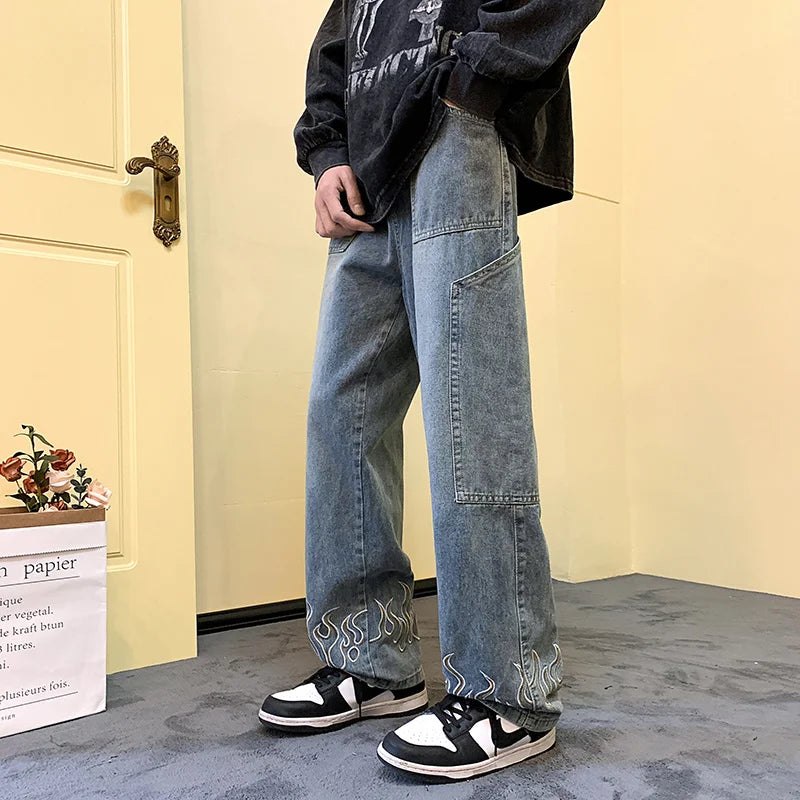 Y2K Printed Jeans For Men Baggy Streetwear Wide Leg Denim Trousers