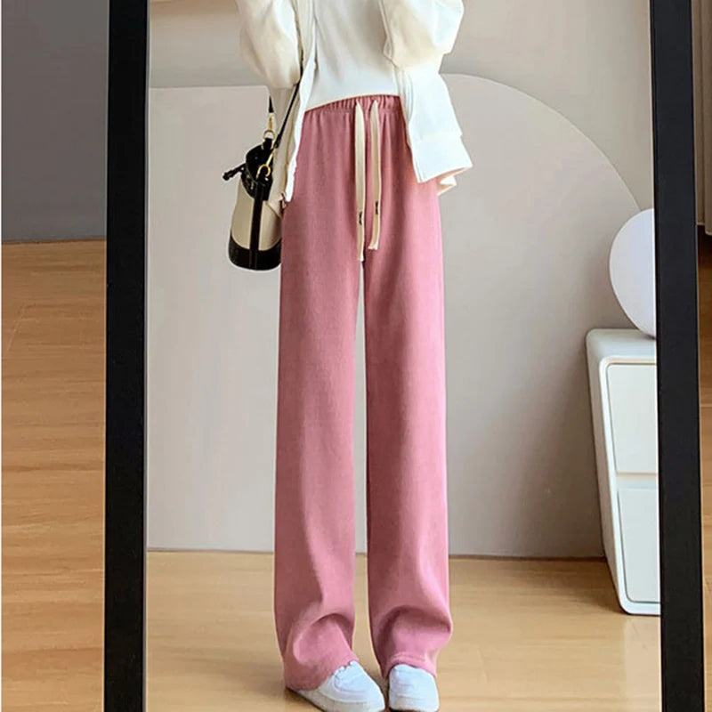 Casual Women Corduroy Long Pants Autumn Winter High Waist Wide Leg Pants