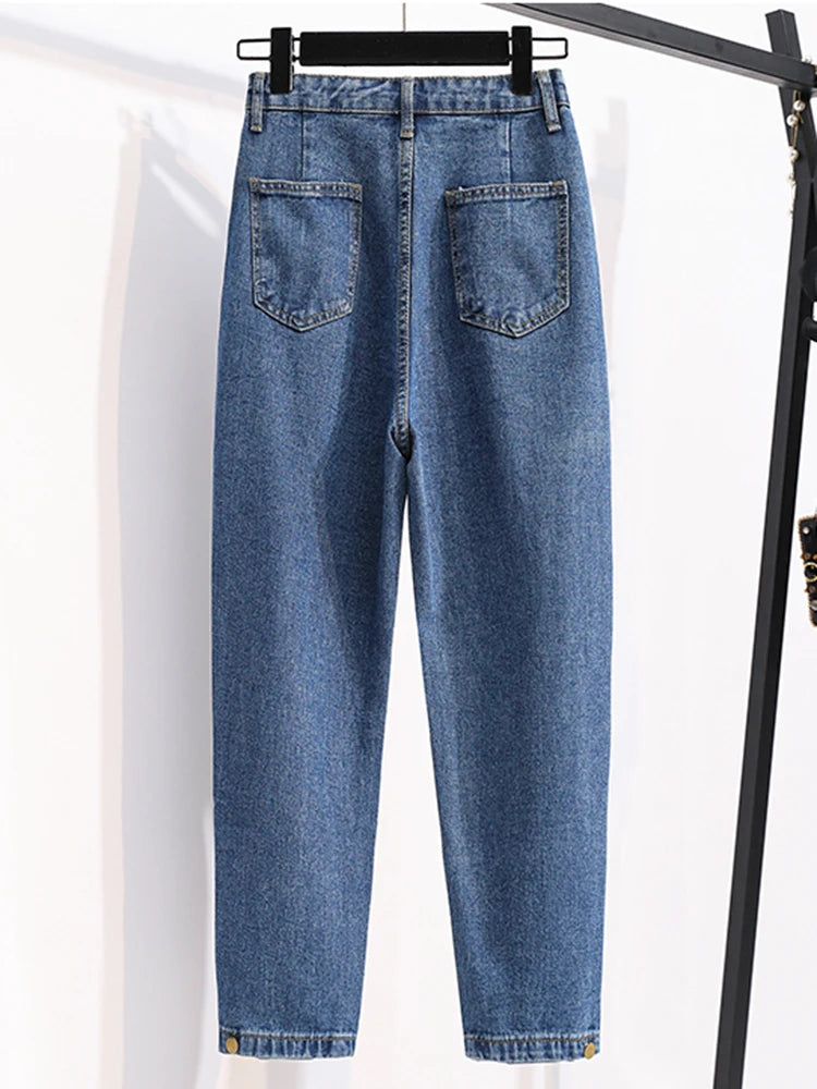Plus Size Jeans For Women High Waist Buttons Up Korean Fashion Large Size