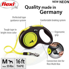 Neon Retractable Reflective Dog Leash (Tape), Ergonomic, Durable