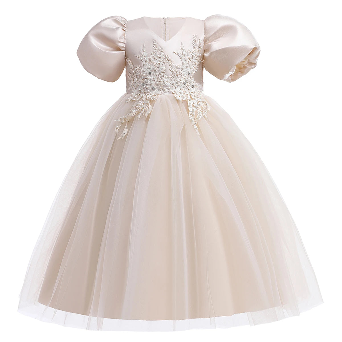 Champagne Long V-Neck Beaded Bubble Sleeve Floral Mesh Dress Holiday Party Piano Performance Dress For Girls Ages 3-12