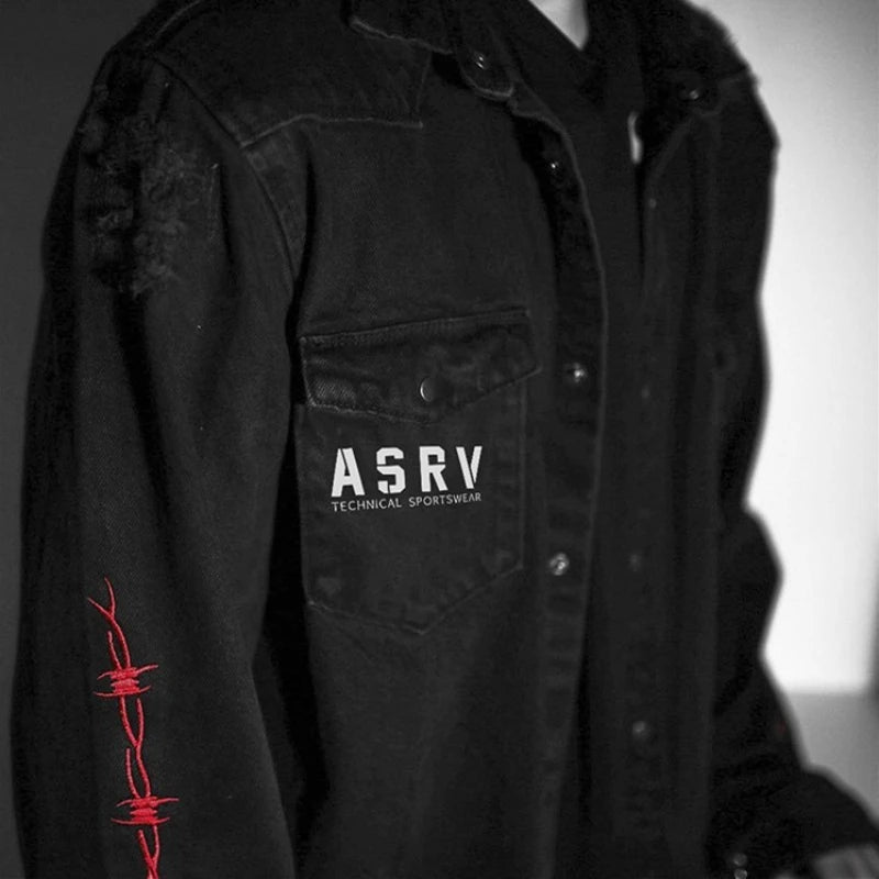 Mens Gym Trend Denim Jacket Techwear Jeans Jackets Causal Fitness