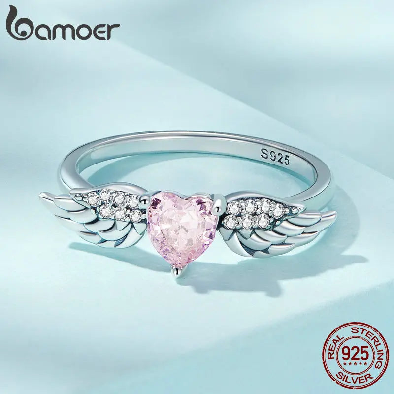 BAMOER 925 Sterling Silver Angel Wing Ring for Women Retro Feather Pink Heart Zircon Eternity Band Ring Anniversary Jewelry Gift