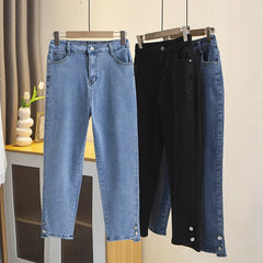 Plus Size Boyfriend Black Drainpipe Jeans For Women HIGH Waist Button Leg Opening Pants