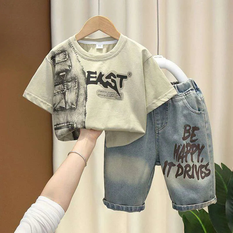 Boys Summer Clothing Set Letter Print Short Sleeved T-shirt+Denim Shorts 2Pcs Suit For 2-8 Years Kids Handsome Casual Outfit