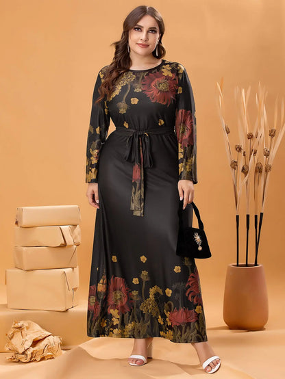Autumn Winter Dress Long Sleeve 2023 Woman Floral Print Casual Long Dress Black Plus Size Women Clothing