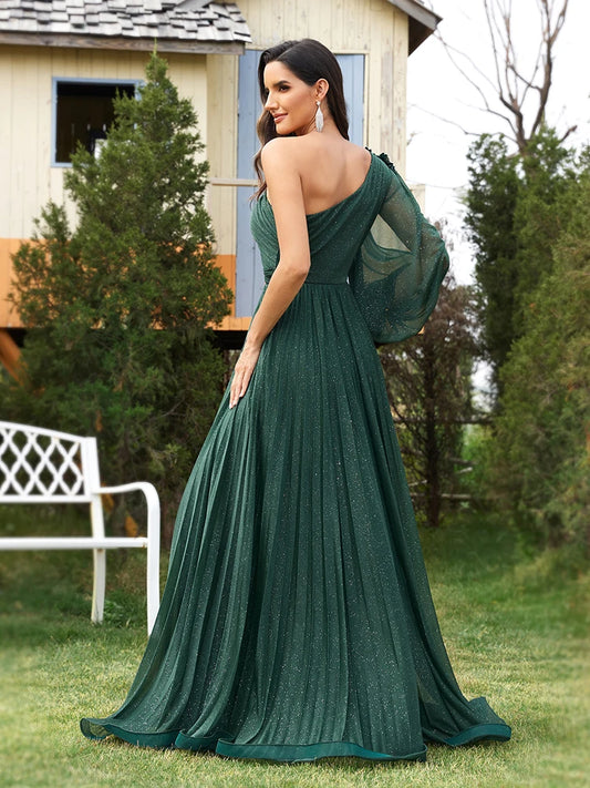 Elegant one-shoulder Long Sleeves Sparkle Floor Length Evening Dress