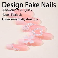 French Nude Pink Tip Ballet Y2k nails Press On Coffin Nails Wearable Love Pearl Fake Nails Charming Reusable Adhesive False Nail