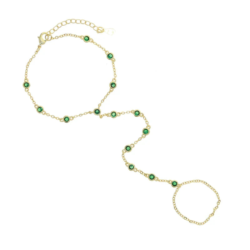 2023 Summer Jewelry Pendant Link Chain Ring Bracelet for Women White Green Blue Stone CZ Gold Plated Adjust Bracelet Accessories