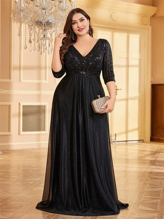 Plus Size Luxury Black Sequin V-Neck Evening Dress Floor Lenght Cocktail Dress