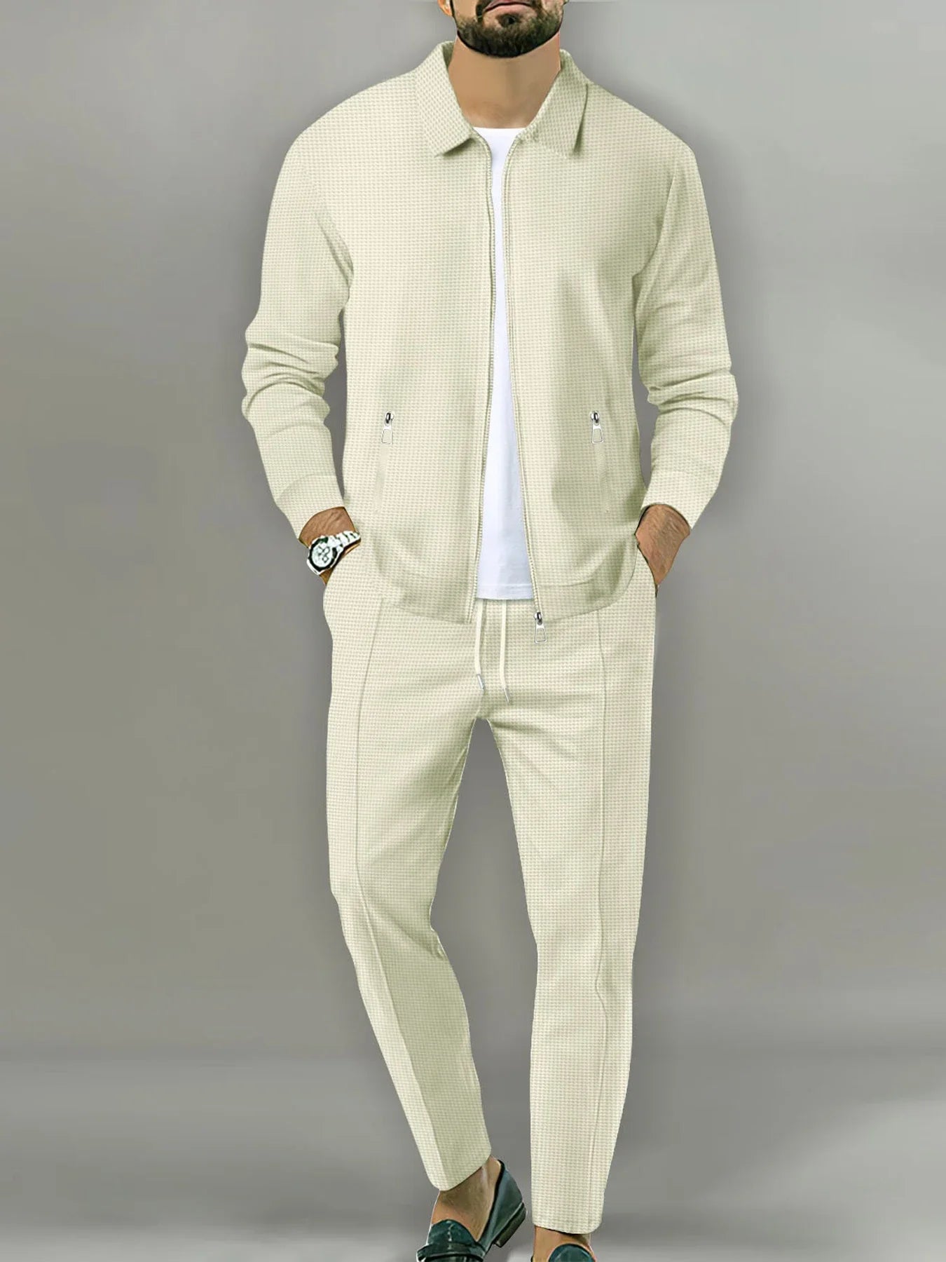 Men's Casual Solid Color Zipper Jacket and Pants Suit - Breathable Polyester Fiber for Spring/Autumn