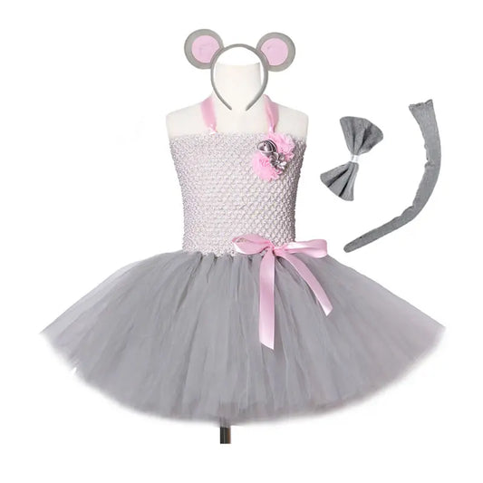 Halloween Mouse Costume For Girl Lace TUTU Dress Fashion Kid Sling Flower Tunic+Headband+Bow Tie+Tail 4pcs Set Child Frock