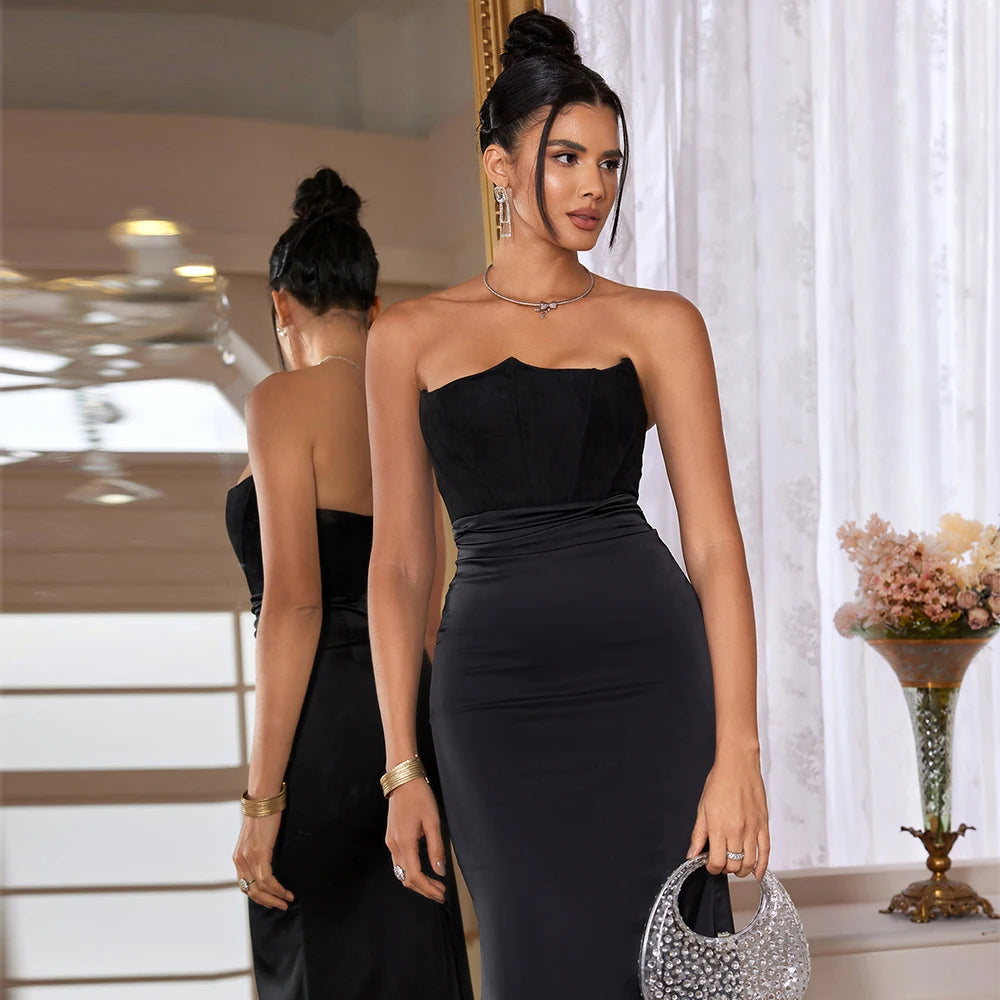 Evening wear Dresses: Black Maxi Wedding Guest Dress Women Strapless Velvet