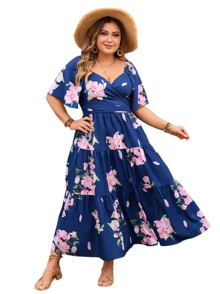 Plus Size Summer Flower Floral Print Long Dress Women V-Neck Backless Fashion Ruffle Pleated Ladies Dresses Loose Woman Dress