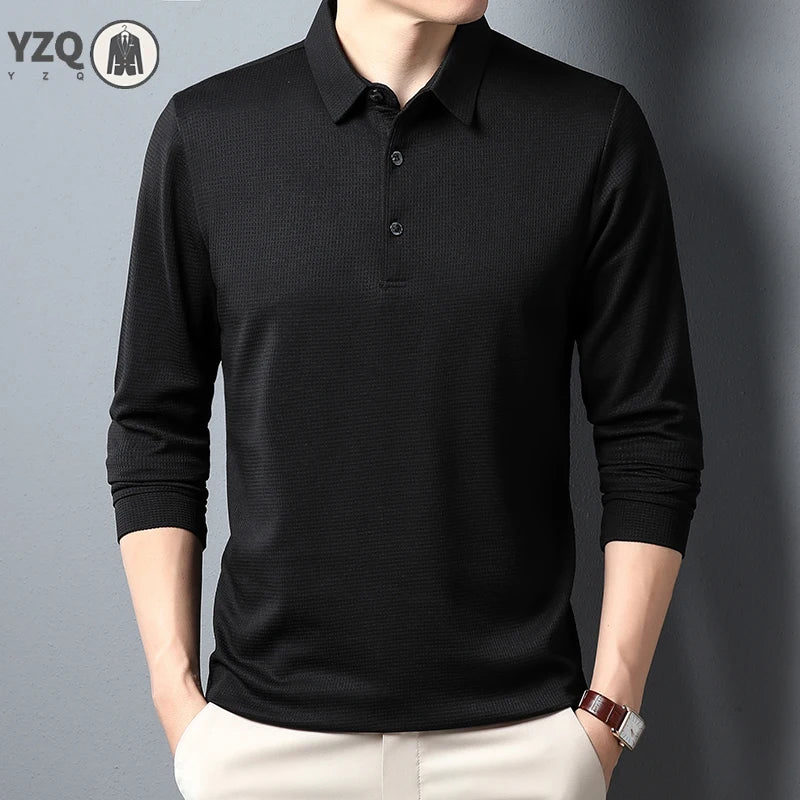 Men's Business Casual Polo Long Sleeve T-shirt Summer Comfortable  Solid Cotton Top
