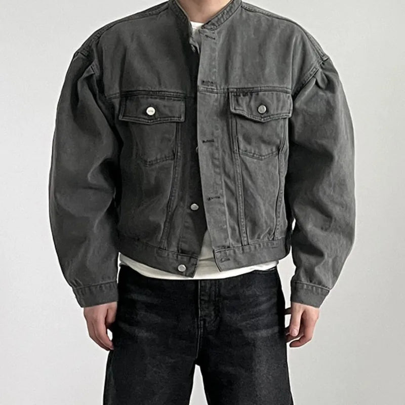 Fashion Men's Denim Jacket High Street Male Stand Collar Top Solid Color Short Coat