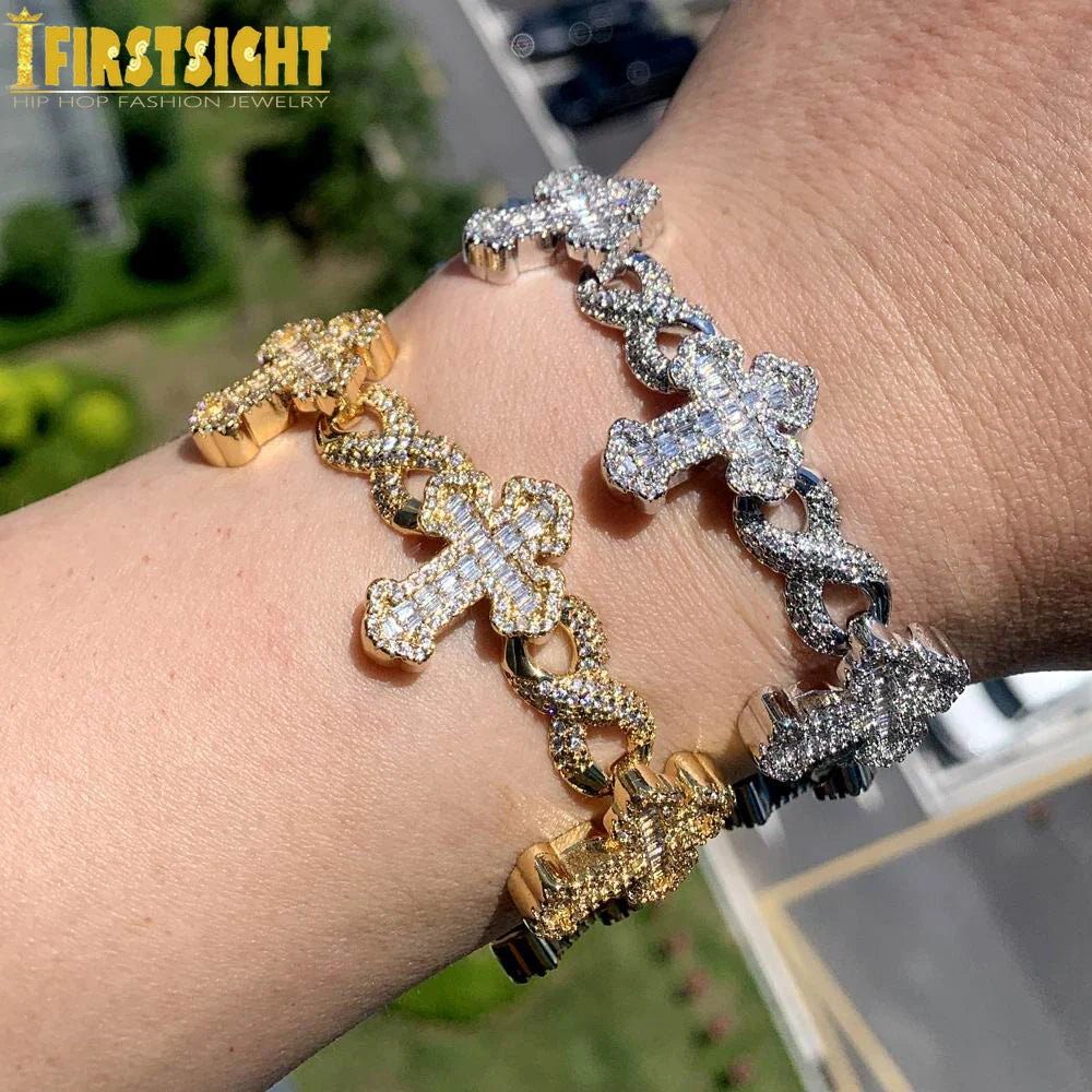 New Iced Out Cross Infinity Charm Bracelet Micro Paved Cubic Zirconia Cuban Chain For Women Men Hip Hop Rapper Jewelry