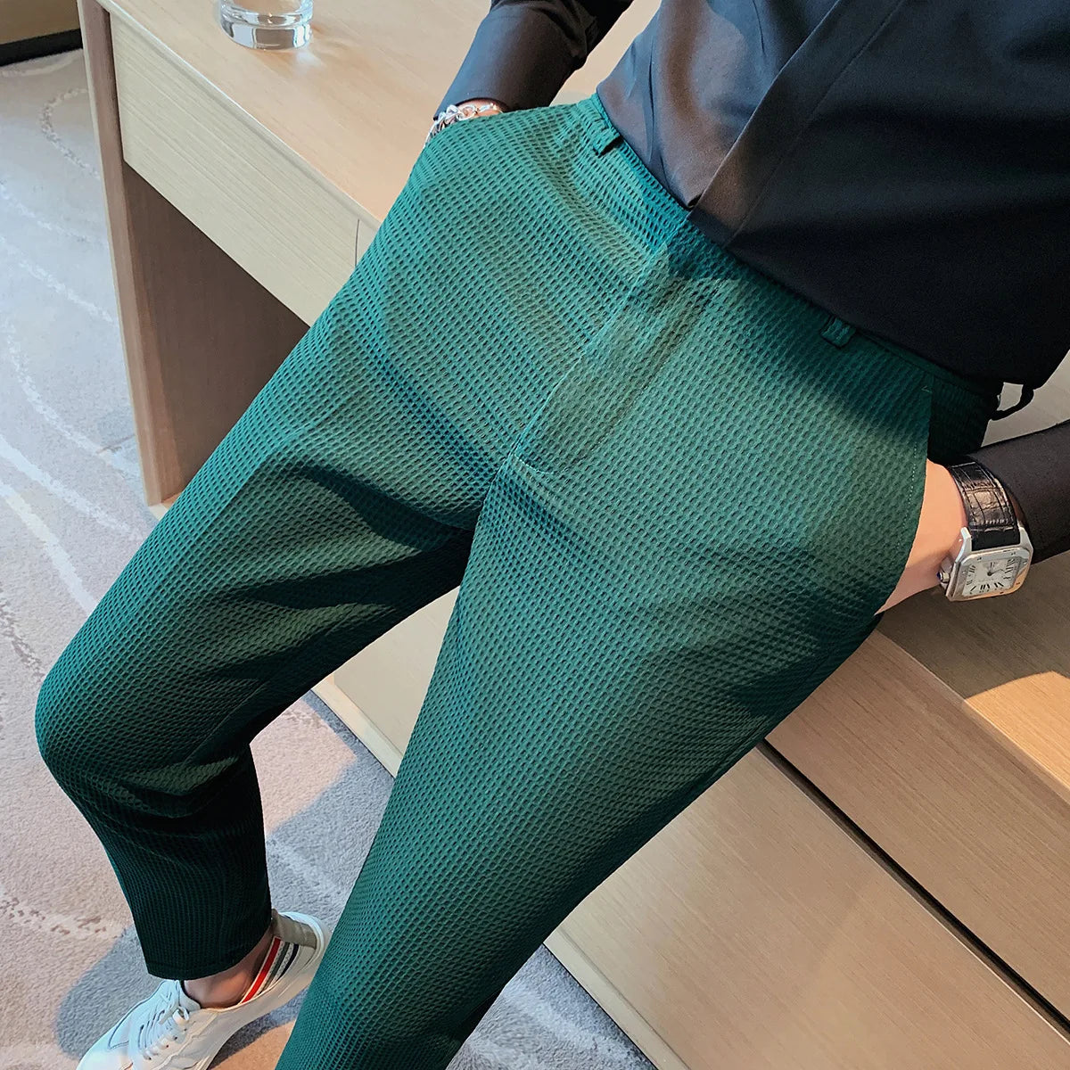 Fashion Business Casual Men's Pants Cropped Pants Waffle Pattern New Trend Spring Summer Casual Trousers