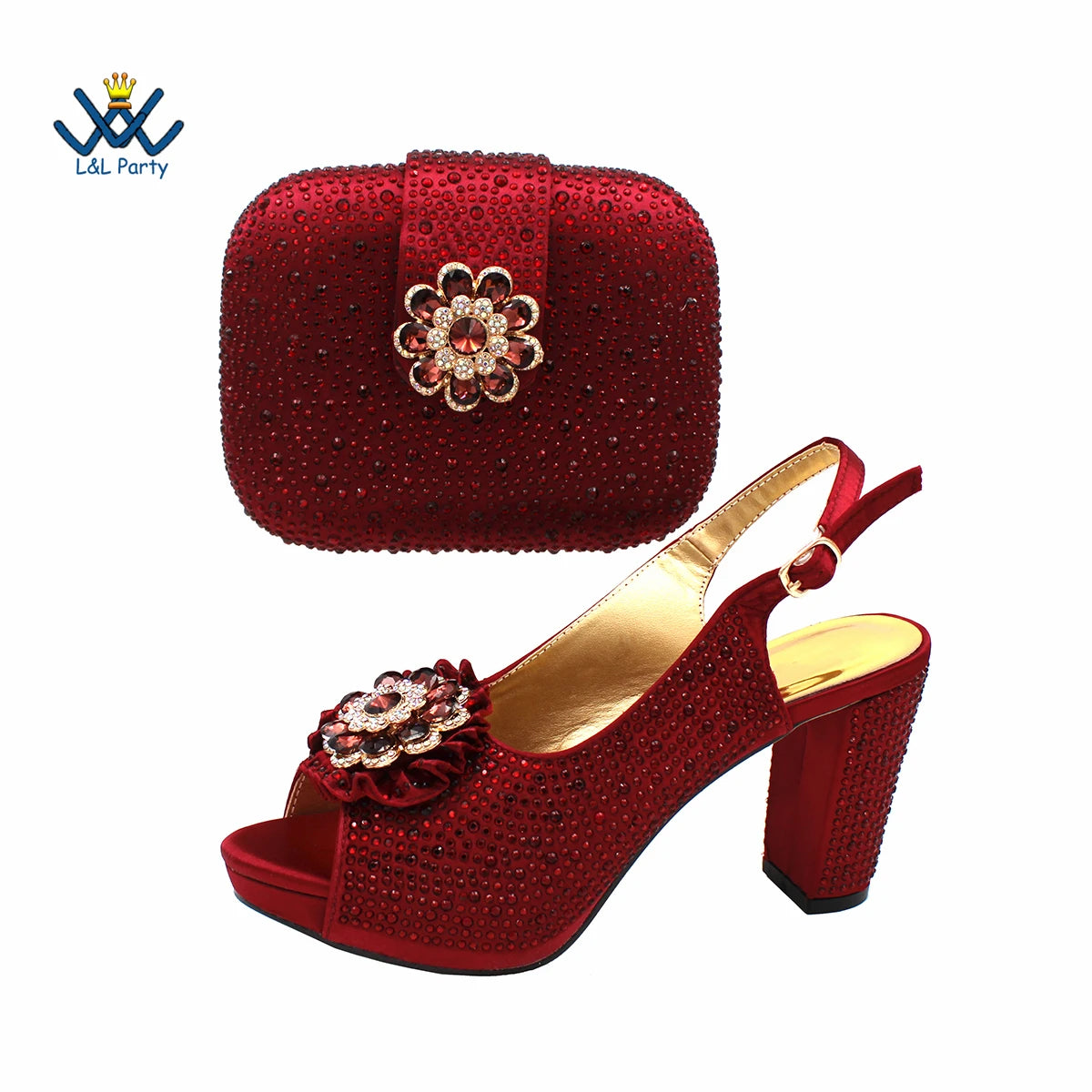 Spring Autumn High Quality Peep Toe Shoes Matching Bag Set in Wine Color For African Ladies Wedding Party