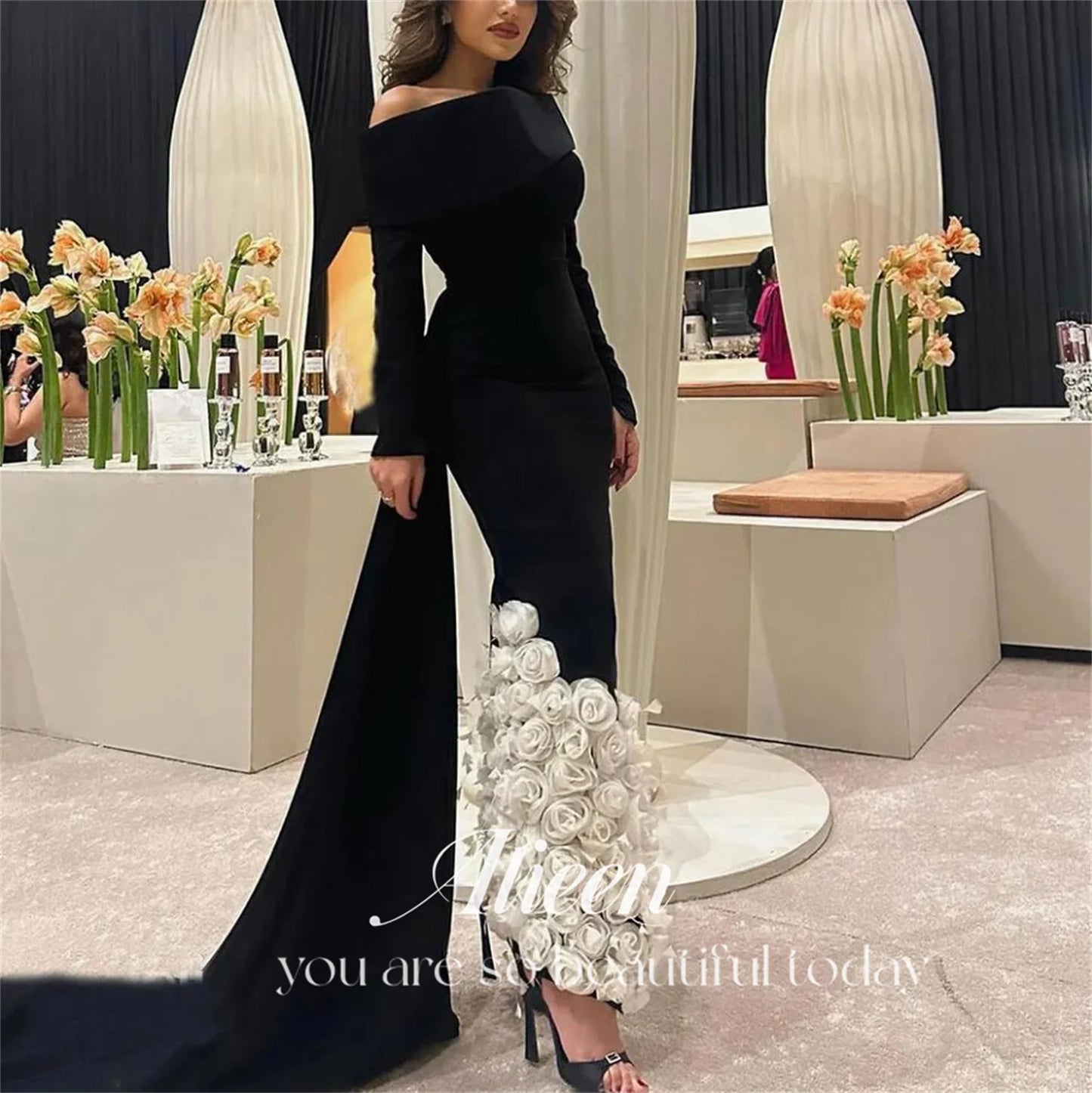 Aileen Black 3D Flowers Saudi Long Sleeve Elegant Luxury Evening Dresses Ladies Gown Party Women 2024 Dress Reception Weddings