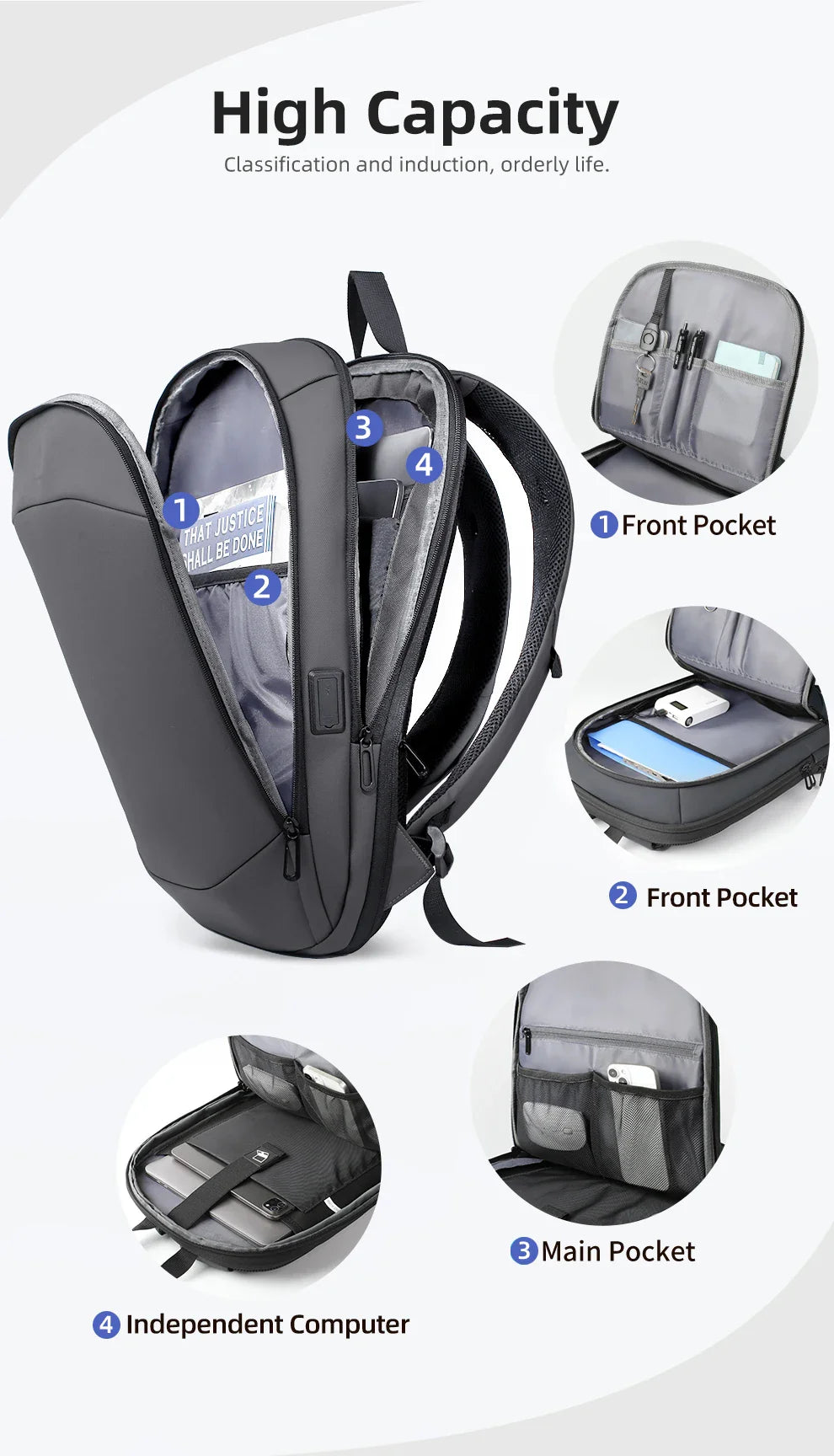 HK Business Backpack for Men 17 Inch Laptop Backpack with USB Port Slim Expandable Waterproof Travel Bag Large Work Computer Bag
