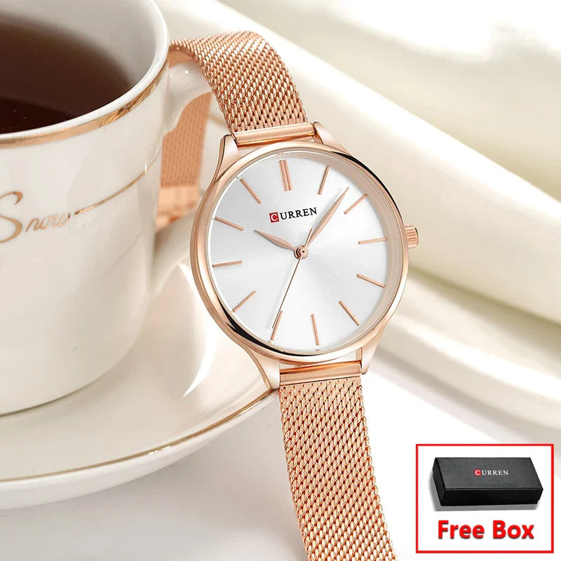 CURREN Original Women's Luxury Watch Matte Dial Japanese Quartz Movement Stainless Steel Mesh Strap with Box
