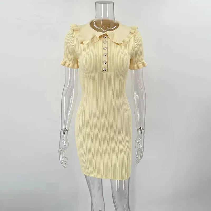 Tornova Ruffled Knitted Mini Dresses For Women High Waist Summer 2025 New Short Sleeve Dress Bodycon Female Retro Elegant Dress