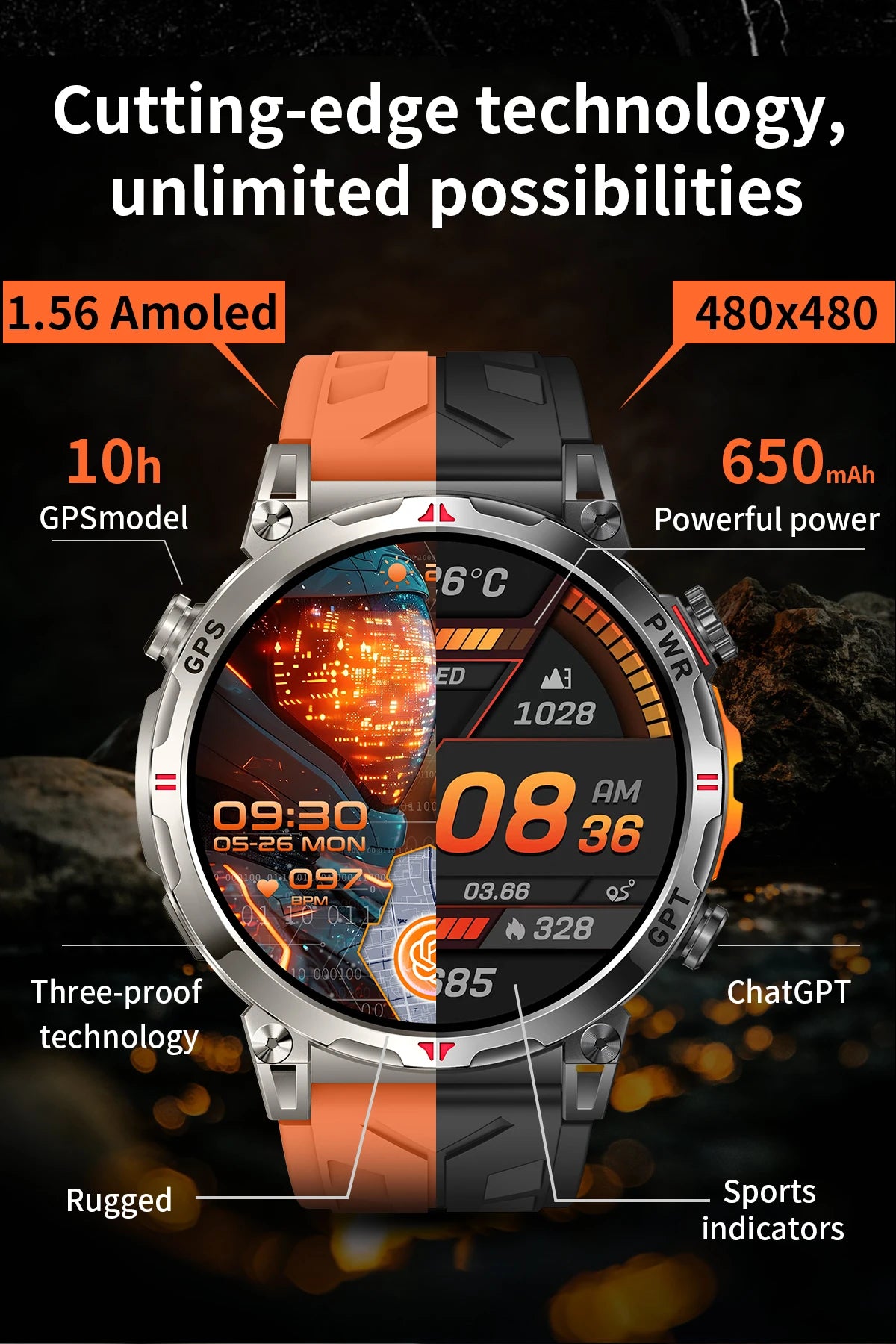 2025New Military GPS Sport Smartwatch Men 650mAh AMOLED Screen Compass Altimeter 10ATM Waterproof Heart Rate Wireless Call Clock