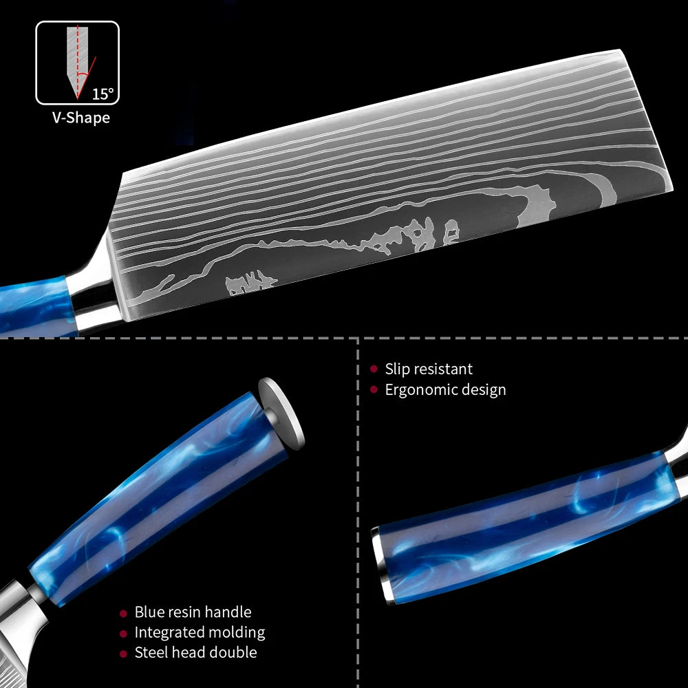 1-8 Piece Kitchen Knife Set, Blue Resin Handle for Chef Knife, Paring Knife