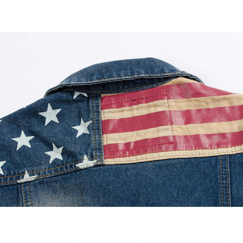 Vest for Men Spliced USA Flag Demin Waistcoat Mens Jackets Fashion Boy Jeans