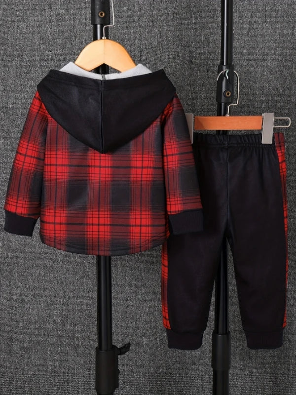 Spring Autumn Plaid Print Baby Boy Long Sleeve Hooded Fleece Lined Shirt Color Block Pants Two-Piece Casual Outfit for Toddlers