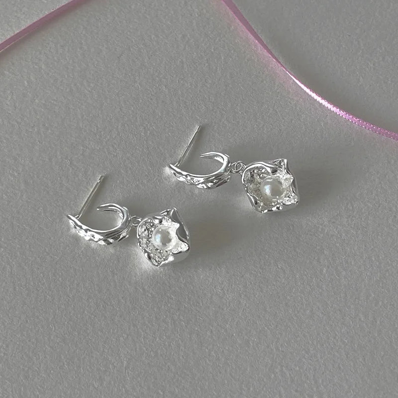 New 925 Sterling Silver Hoop Earrings Pearl Droplet Irregular Vintage Punk For Women Girl Gift Jewelry Dropshipping Wholesale