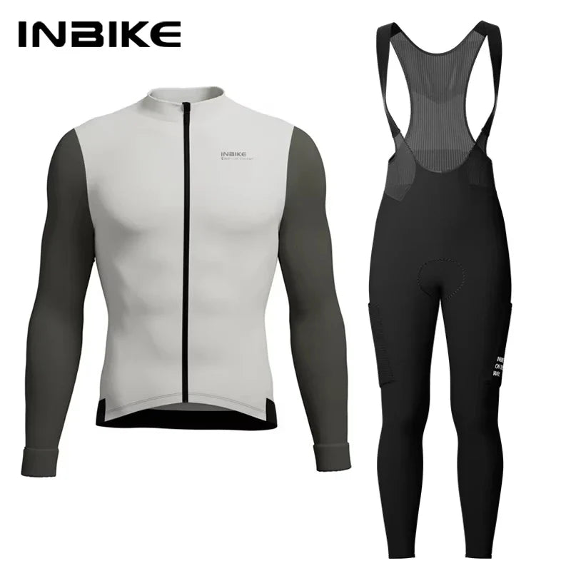 INBIKE Winter Cycling Clothing for Men Fleece Cycling Sets Long Sleeve Jersey with Pockets Long Bicycle Bib Pants for Road Bikes