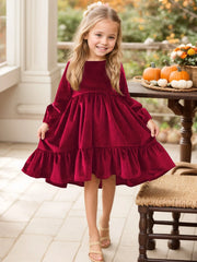 Girls Spring Autumn Winter Velvet Long Sleeve Ruffle Hem Dress