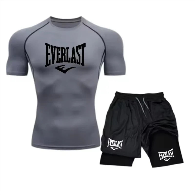 EVERLAST Men's Compress Shirt + 2-in-1 sports shorts 2pcs Set Leisure Breath Short Sleeve Sport Jogging Gym Brand Print Clothing