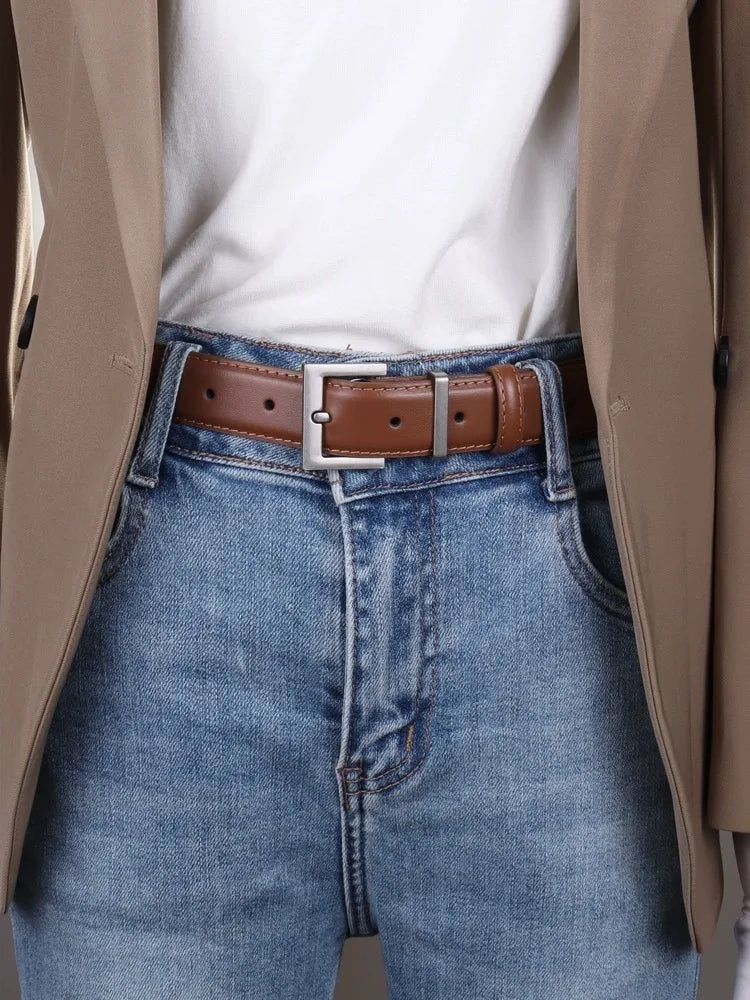 New Luxury Double Genuine Leather Belt for Women Jeans Casual Dress Square Alloy Buckle Ladies Trendy Belts Fashion Waistband