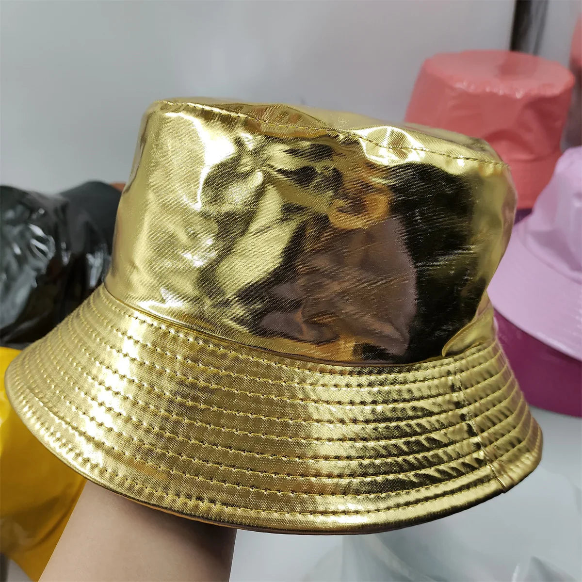 Colorful Shiny Leather Two Sided Fisherman Hat Women's and Men's Hip Hop Summer Sunshade Hat Foldable Bucket Hat