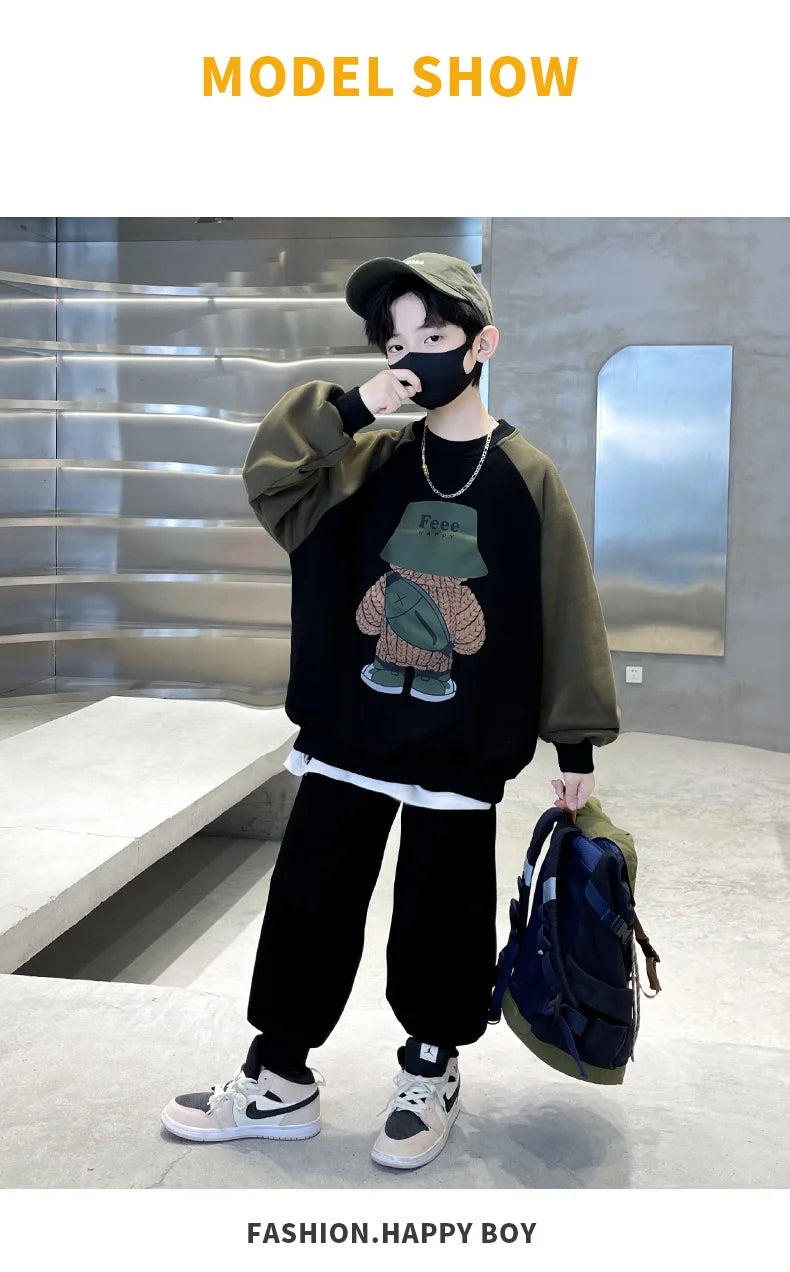 Spring Autumn Boys Patchwork Cartoon Sweatshirt+Sweatpant Workout Set School Kids 2PCS Tracksuit Children Jogging Outfit 5-16 Yr