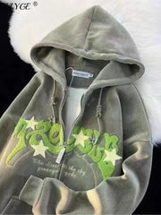 Embroidered Letter Hoodies Women Loose Long Sleeve Zip Up Hooded Sweatshirts Coats