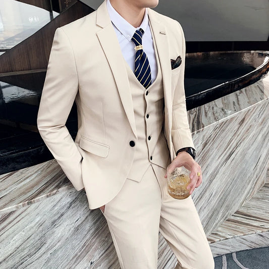 Men Skinny 3 Pieces Set Formal Slim Fit Tuxedo Prom Suit / Male Groom Wedding Blazers High Quality Dress Jacket Coat Pants Vest