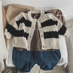 Baby Boys And Girls Baby Black And White Striped Knitted Cardigan Children's Casual Coat