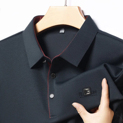 New Men's Business Casual Short Sleeved Shirt with Badge Solid Color Polo Shirt Fashionable Breathable Comfortable Versatile Top