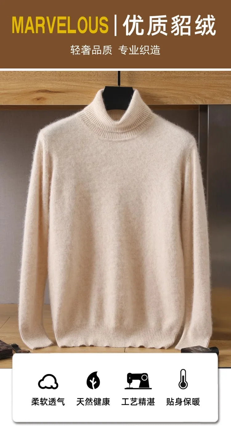 Men's 100% pure Mink velvet Cashmere Sweater High Lapels Pullovers Knitted Winter