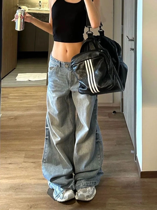Fashion Blue Casual Wide Leg Jeans Oversized High Waisted Vintage Wash Loose Straight