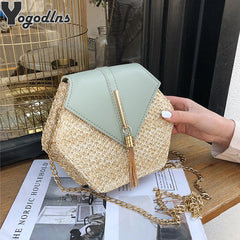 Straw+leather Handbag Women Summer Rattan Bag Handmade