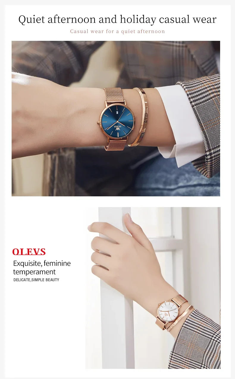 OLEVS Watches For Women Quartz Waterproof Watch Luxury Lady's Watch Stainless Steel Rose Gold Set Gift Box
