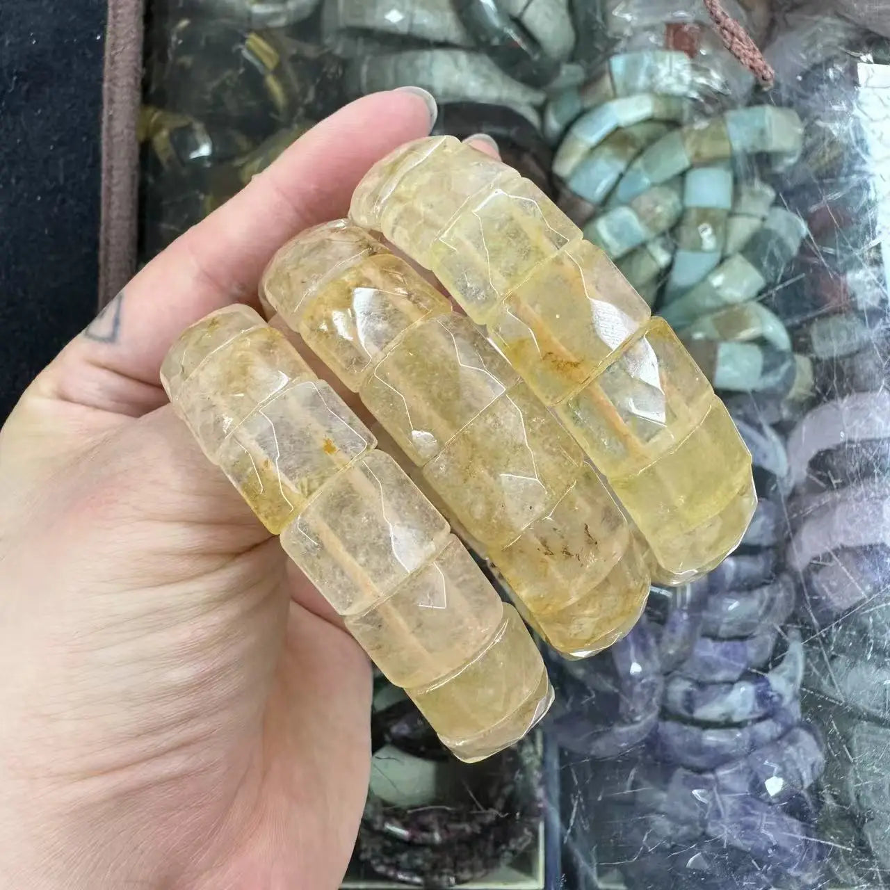 Natural 12x15mm Faceted Stone Unique Crystal Citrine Agate Amethyst Pyrite Fashion Elastic Handcrafted Bracelets Energy Bangles